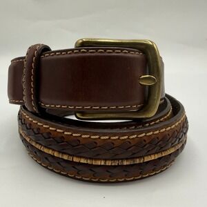 Orvis Brown Leather Braided Belt Wood Bead Inlay Brass Buckle Rugged Mens 40